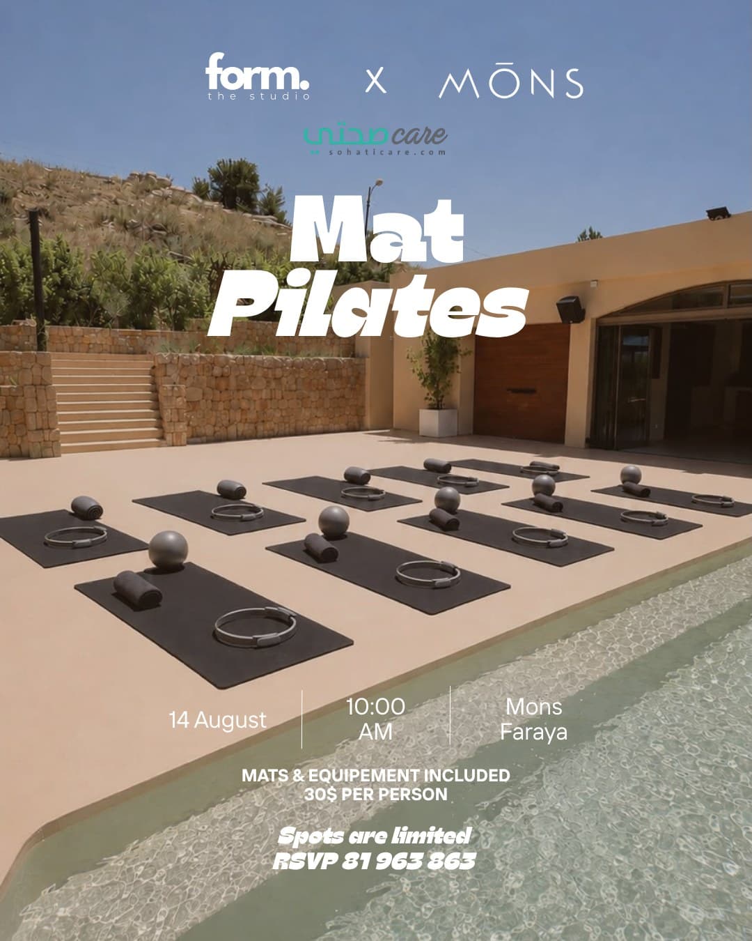 Mats laid out on the terrace at MŌNS Faraya for a Form The Studio Pilates session